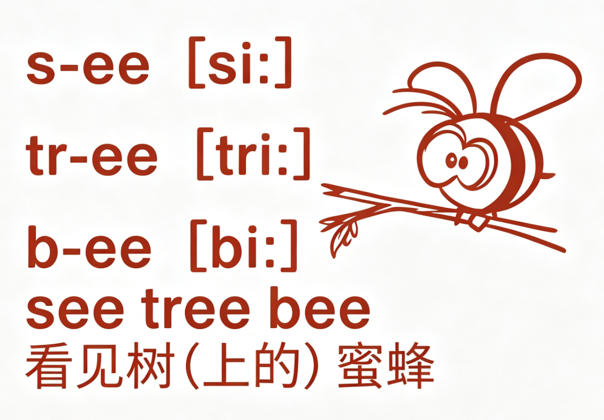 音联速记示例：see tree bee 看见树上的蜜蜂